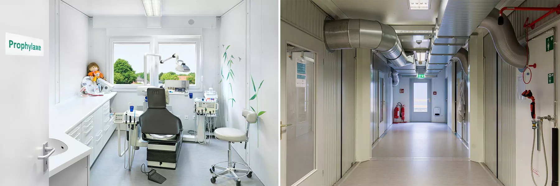 Zahnärztlicher Behandlungsraum und Flur einer Laborcontaineranlage