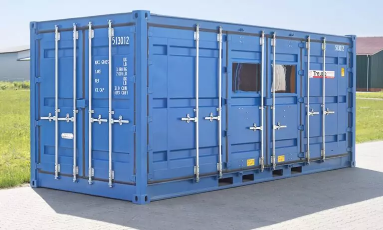 Blauer Werkstattcontainer mit seitlichen Doppeltüren und Fenstern